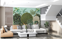 Tropical peacock wallpaper mural with lush green garden scene for living room decor