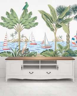 Tropical foliage peel and stick design in soft green spa bathroom setting