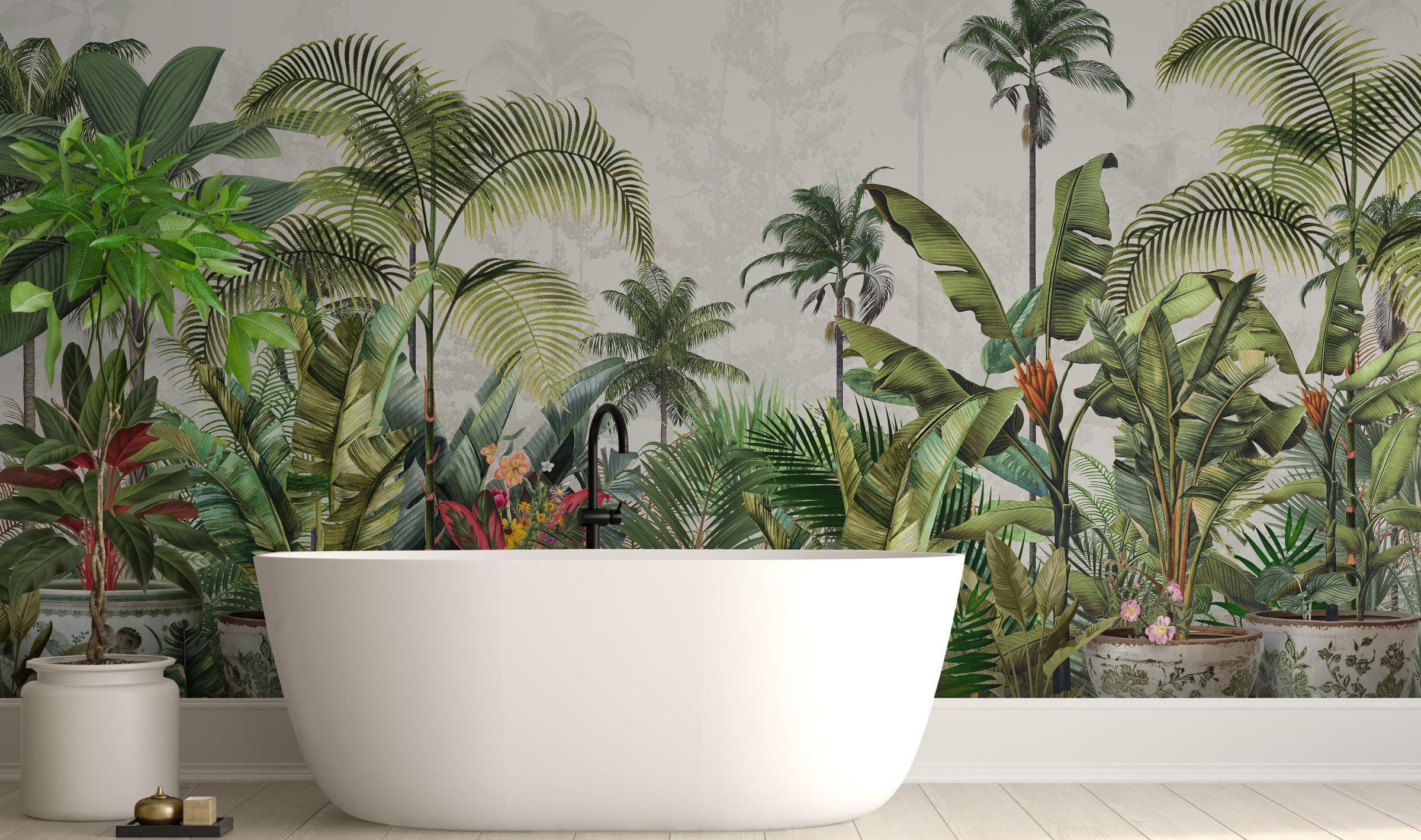 Tropical jungle wallpaper with lush greenery creating spa-inspired bathroom wall 