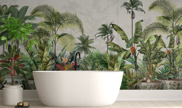 Tropical jungle wallpaper with lush greenery creating spa-inspired bathroom wall 