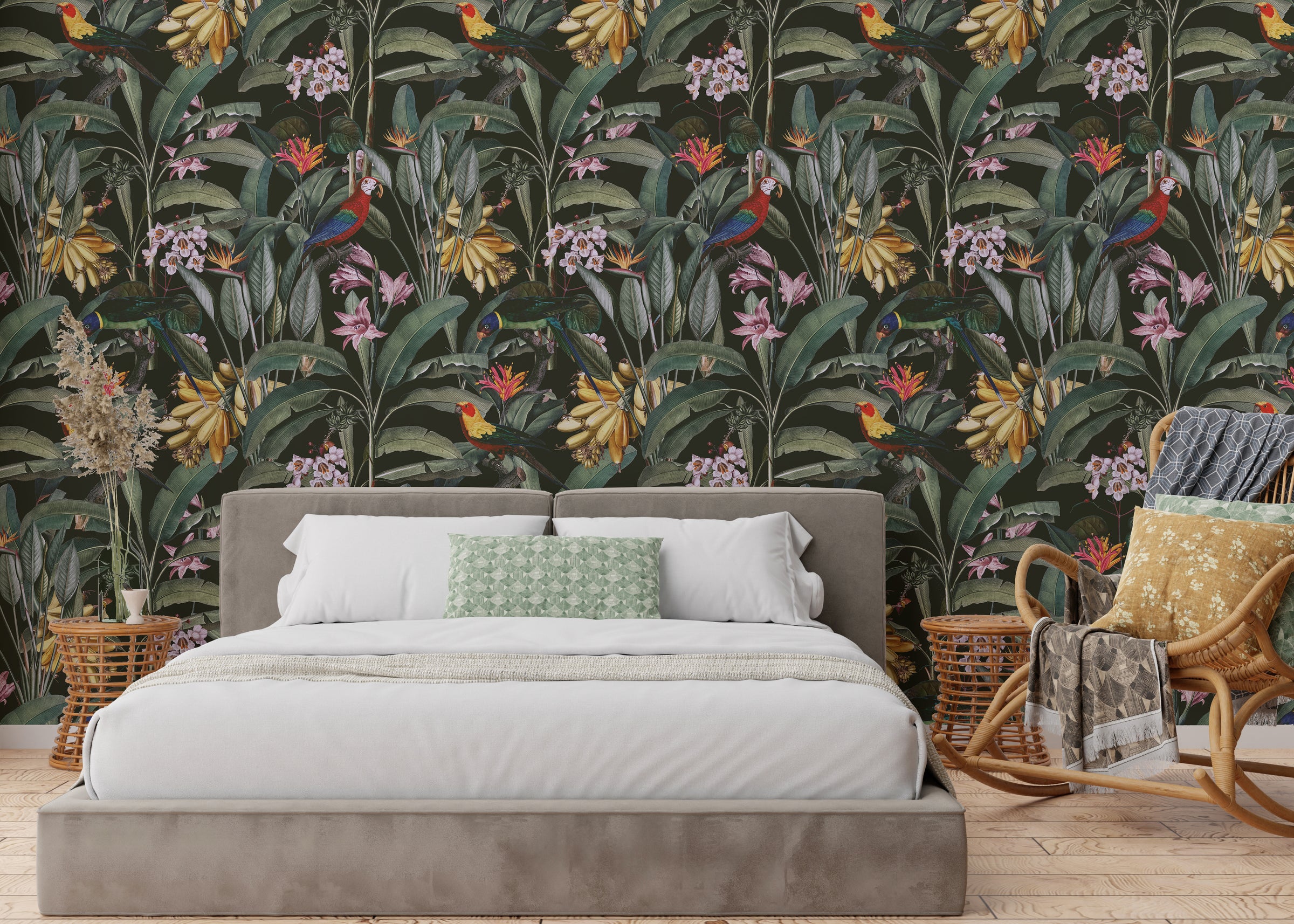 Tropical Parrot Design | Colorful Green Floral Peel and Stick Wallpaper