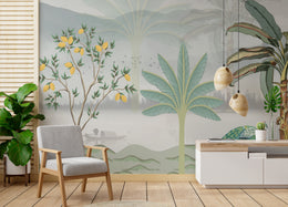 Modern home office accent wall with tropical palm leaves and lemon tree illustration, calming workspace decor