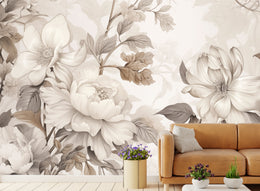Elegant beige peony floral wallpaper mural enhancing sophisticated living room interior decor.