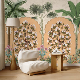 Botanical arch pattern with soft peach flowers for cozy bedroom interior decor