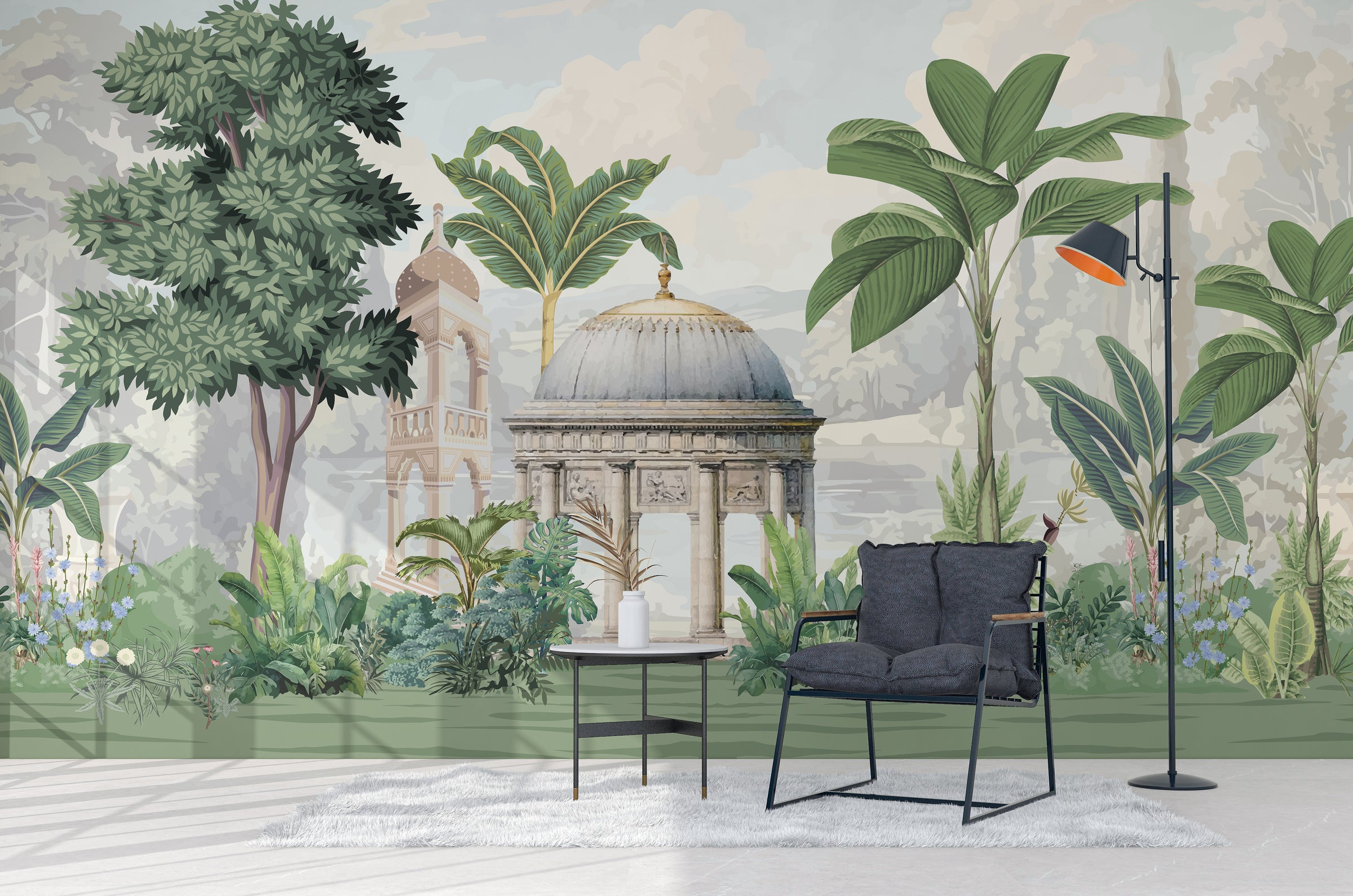 Tropical botanical wallpaper with lush plants and palace structure in sage green office decor
