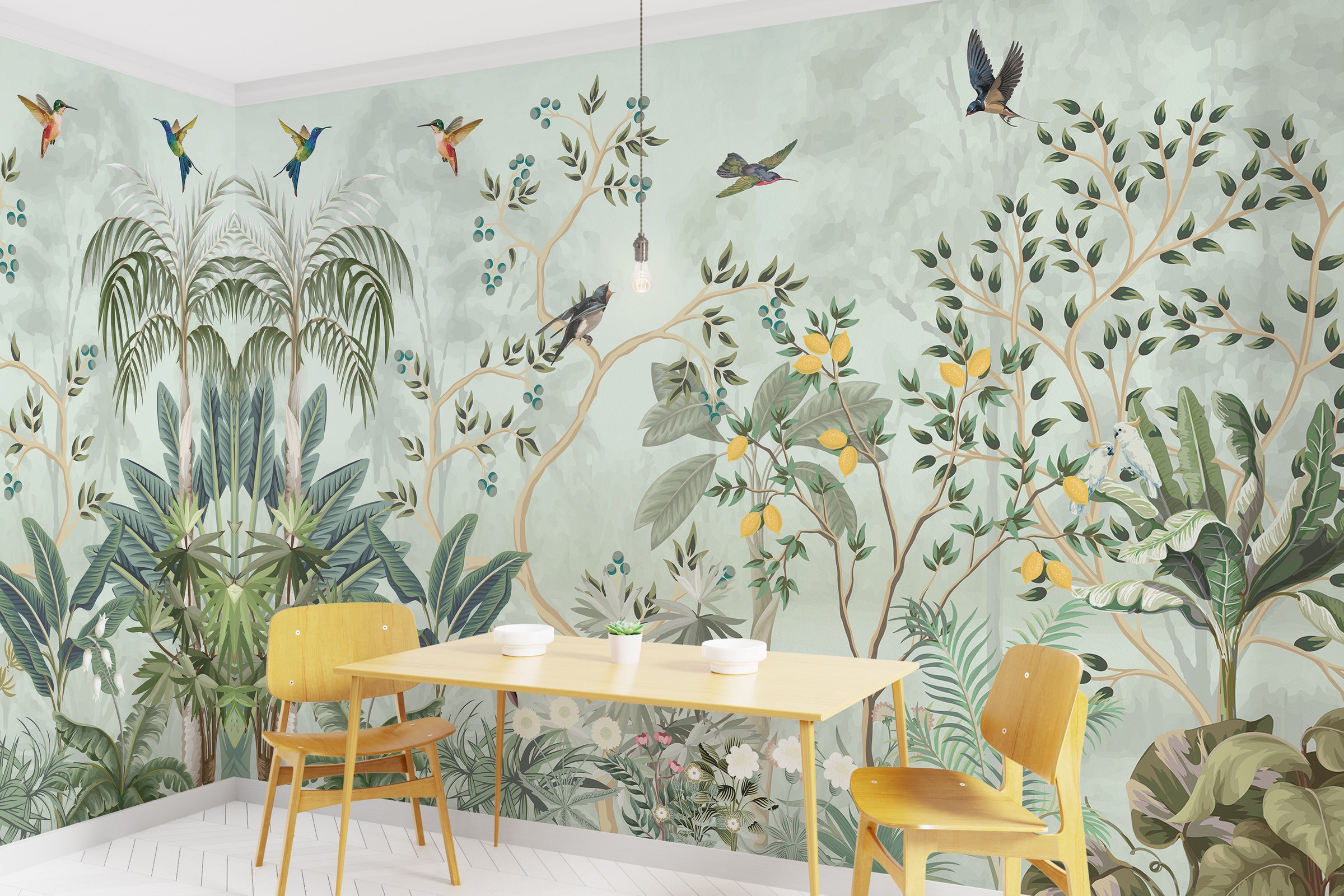 Vibrant tropical garden wall design with birds and lemons for cafe styling