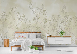 Removable leafy branch pattern neutral tones creating calm Scandinavian bedroom interior