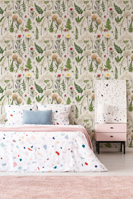 Floral wall decor featuring beige background, leafy pattern, cozy bedroom feature wall styling