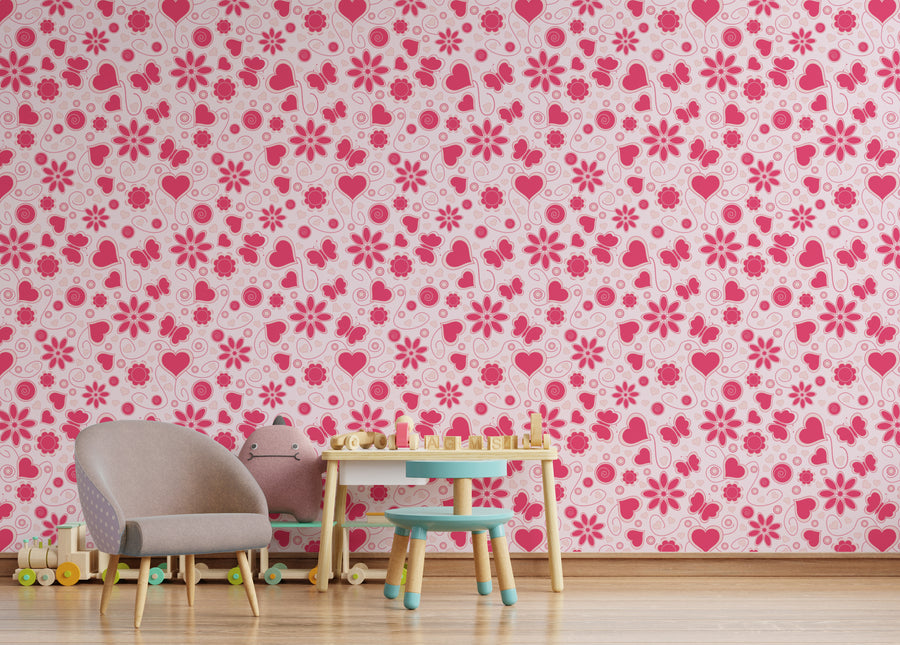 Pink Floral Heart Pattern Wallpaper | Bedroom Removable Home Decor