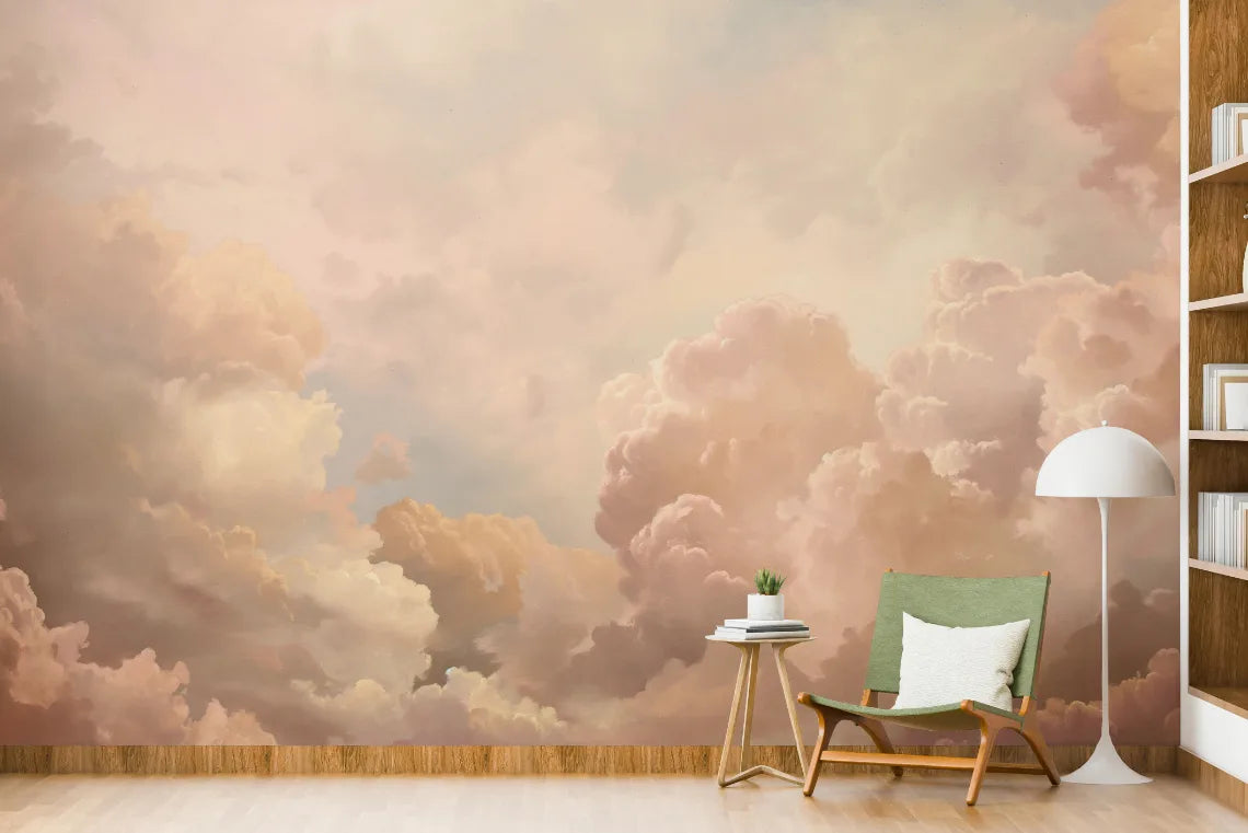 Soft Cloud Aesthetic Sky Mural| Peach Beige Color Peel and Stick Wallpaper image 4