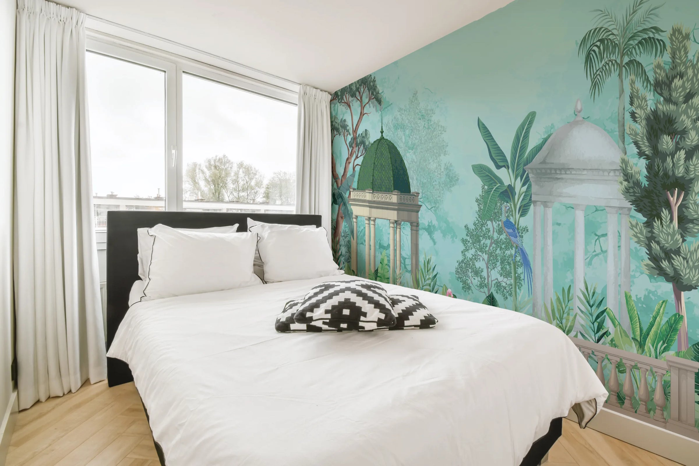 Tropical Oasis Pavilion Wallpaper | Indian Heritage Wall Art | Blue Green Peel and Stick image 4