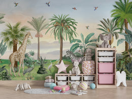 Safari animal wallpaper with giraffe, zebra, palm trees, soft green nursery decor
