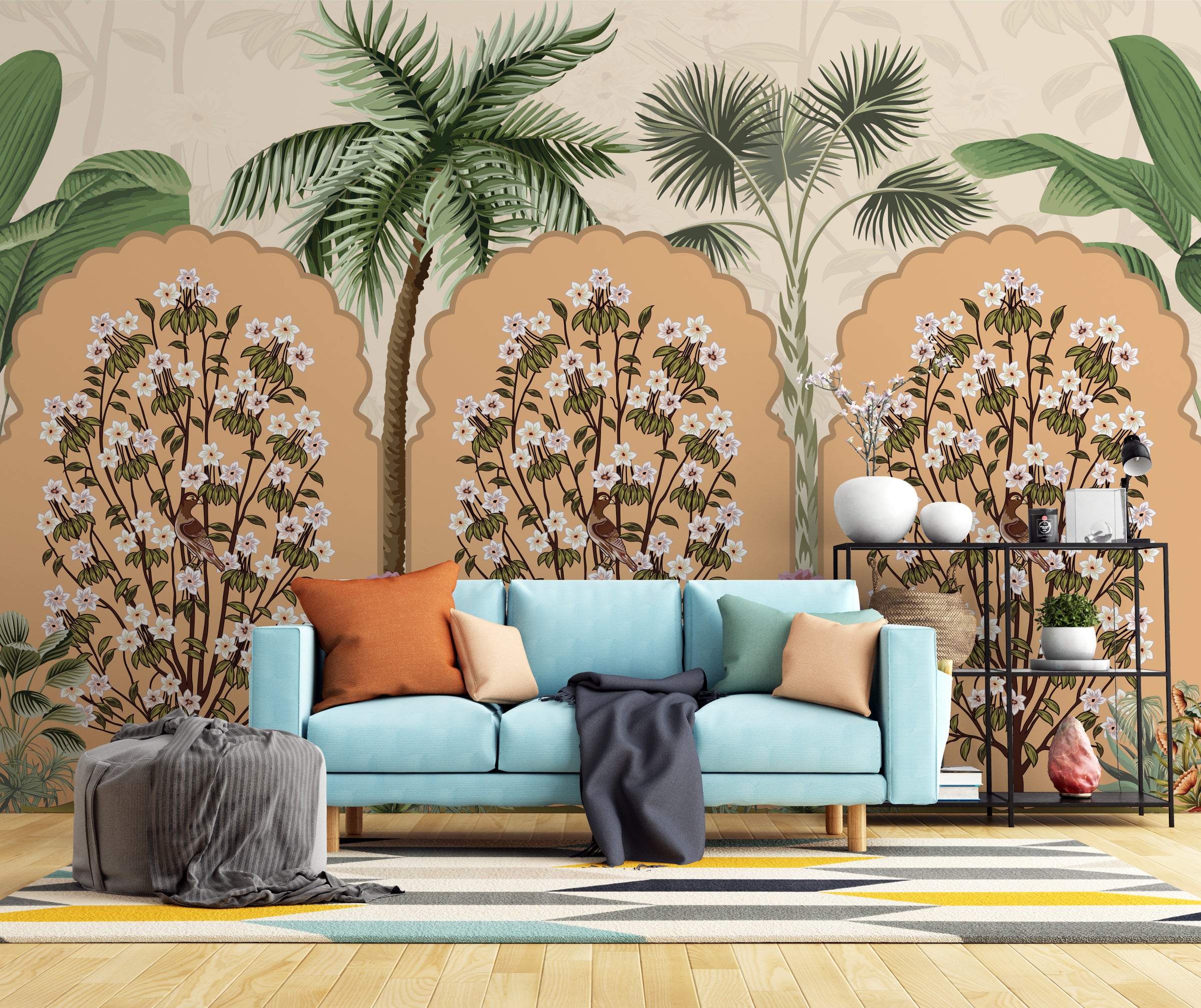 Artistic botanical arch print adding warmth to contemporary guest bedroom interior