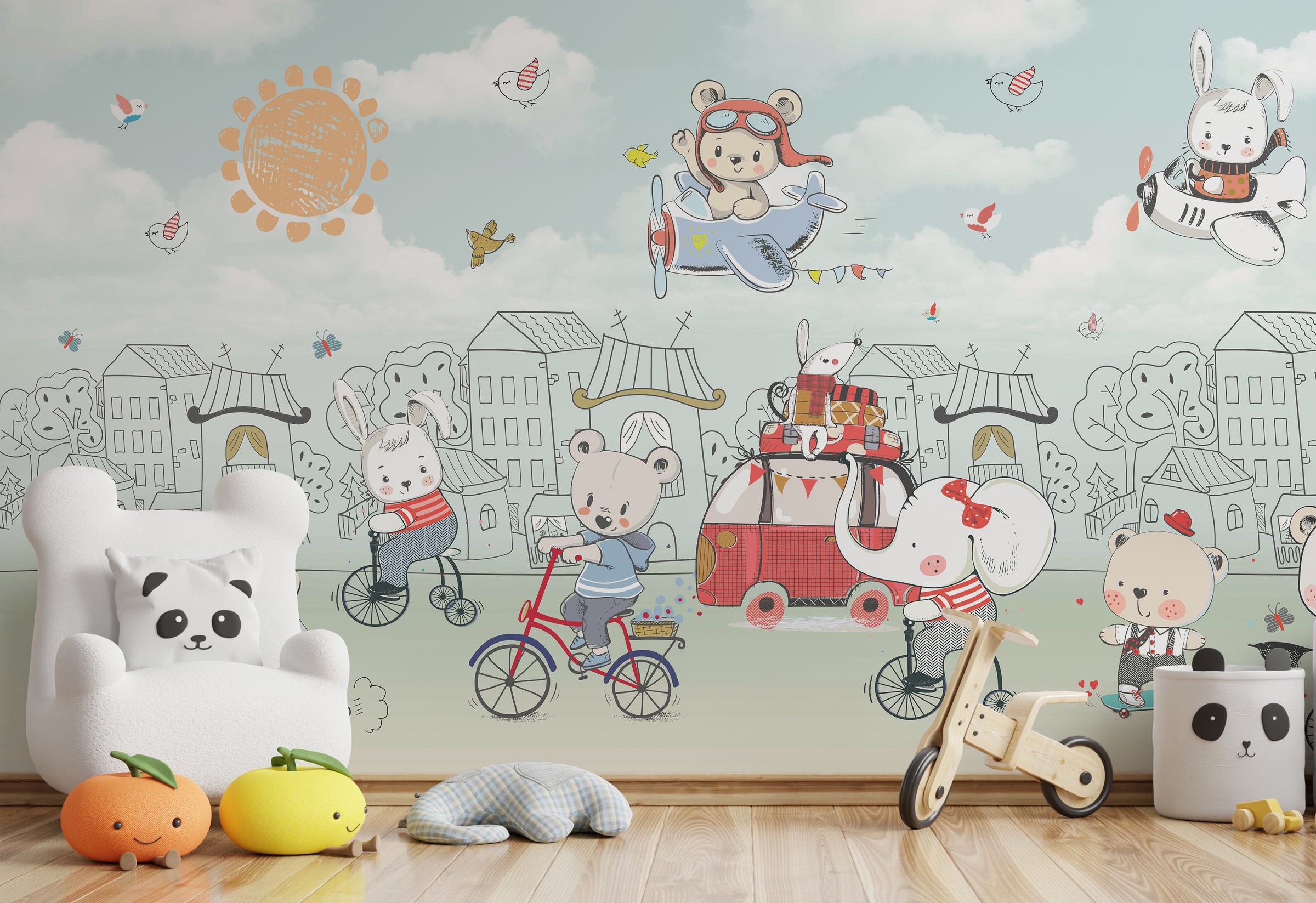 Kids wall mural with traveling teddy, colorful transport scenes, flying birds, and sunny sky decor for kids study rooms.
