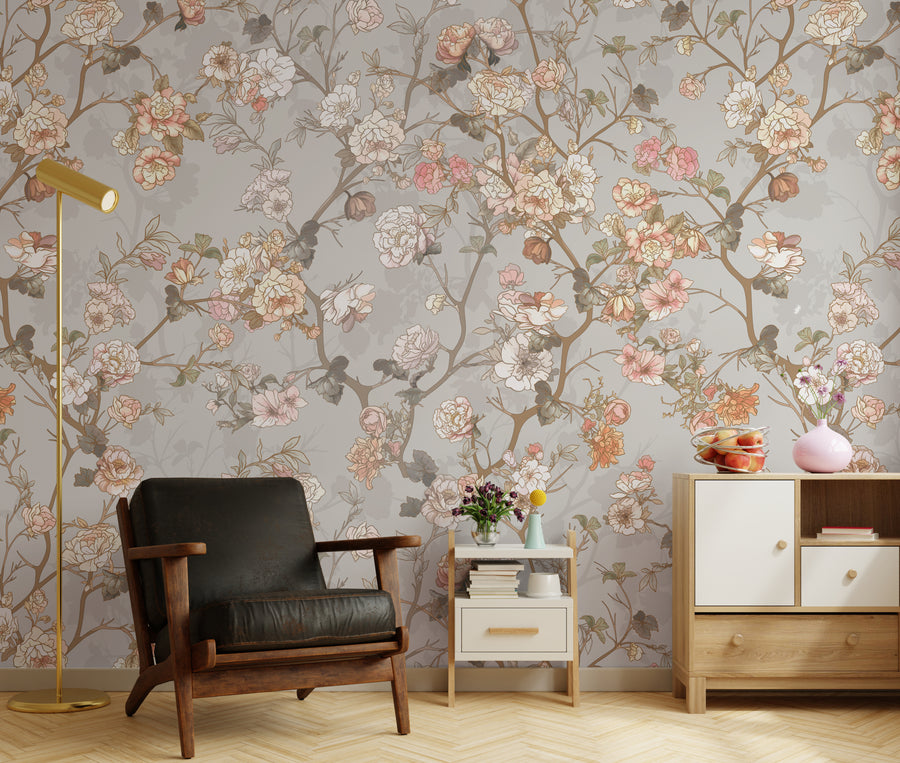 Vintage Floral Chinoiserie Wallpaper Neutral Peel and Stick Living Room Wall Mural
