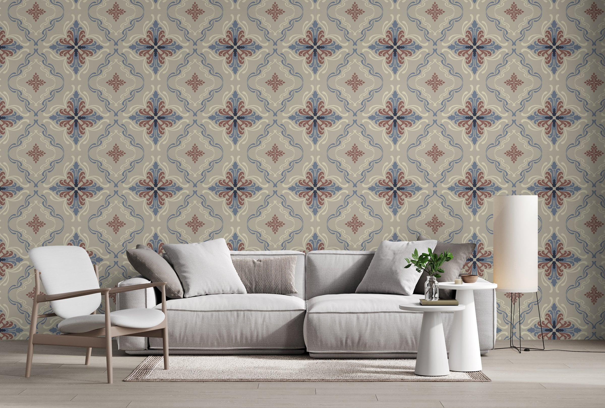 Elegant living room accent wall wallpaper featuring beige blue damask pattern, classic interior decor