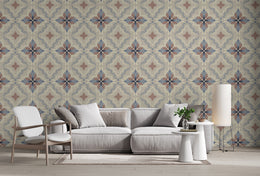 Elegant living room accent wall wallpaper featuring beige blue damask pattern, classic interior decor