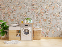 Beige blush botanical pattern with vintage charm, warm bathroom decorative feature wall