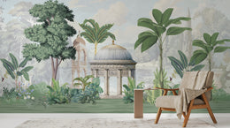Decorative palace garden wallpaper with botanical elements and soft green tones living space wall