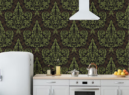 Classic kitchen wallpaper featuring intricate green damask pattern with golden dotted accents