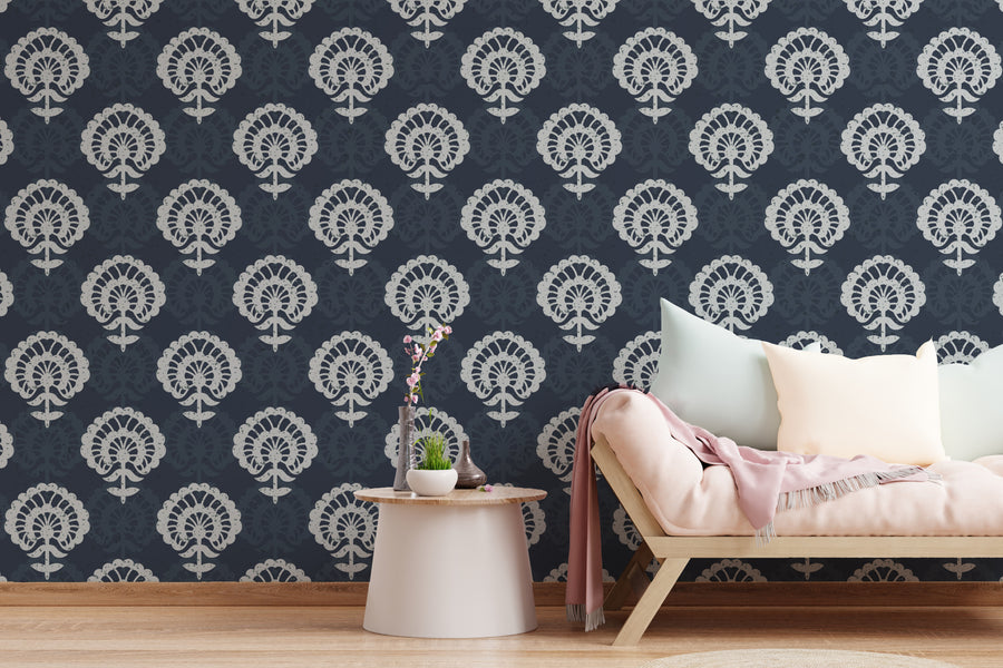 Navy Damask Wallpaper Luxury Vintage Statement Wall Mural Living Room Peel and Stick