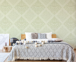Sage damask wallpaper featuring textured classic design for modern bedroom wall styling