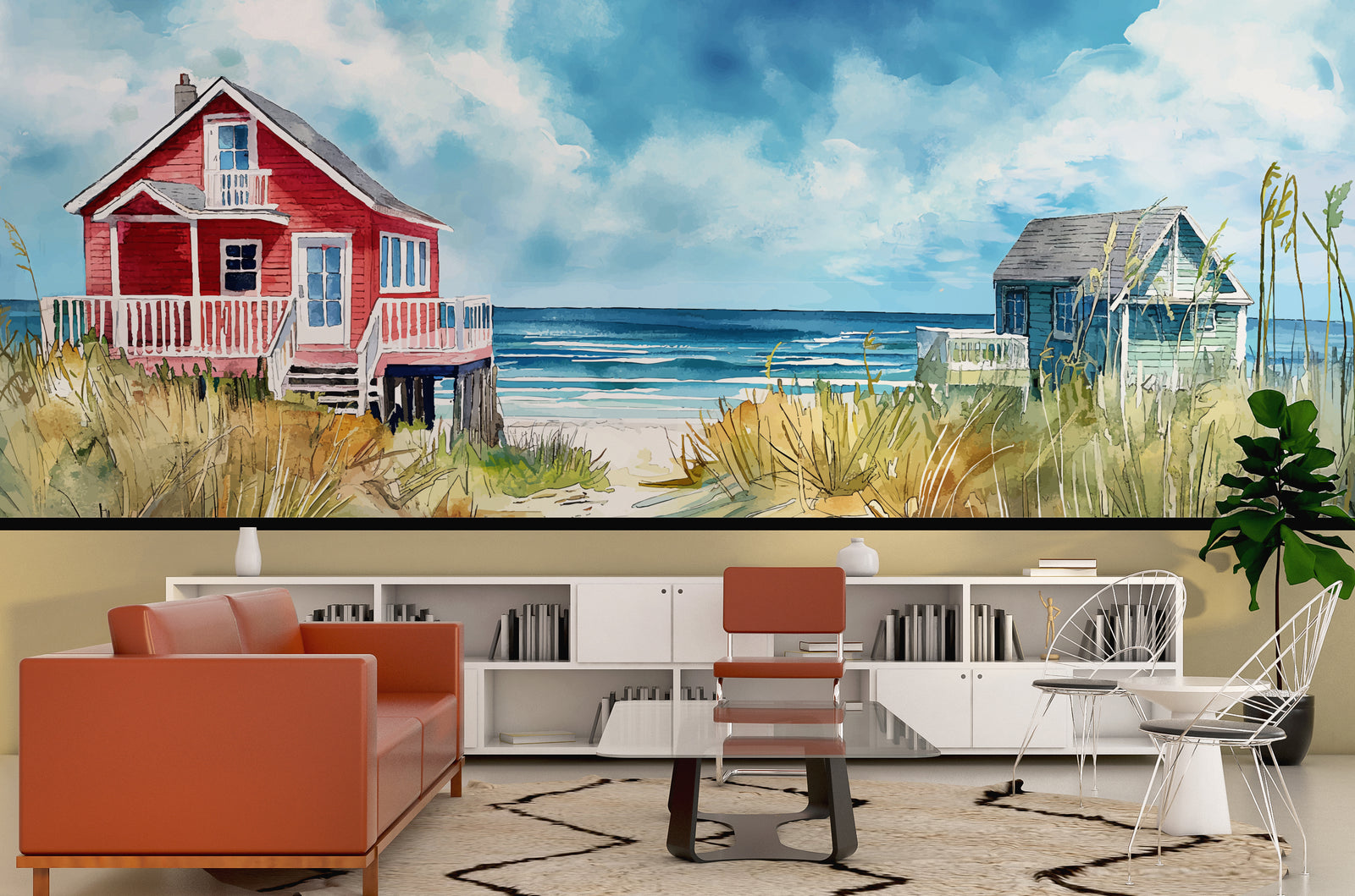 Coastal beach house wall mural with ocean waves and cottages for modern living room