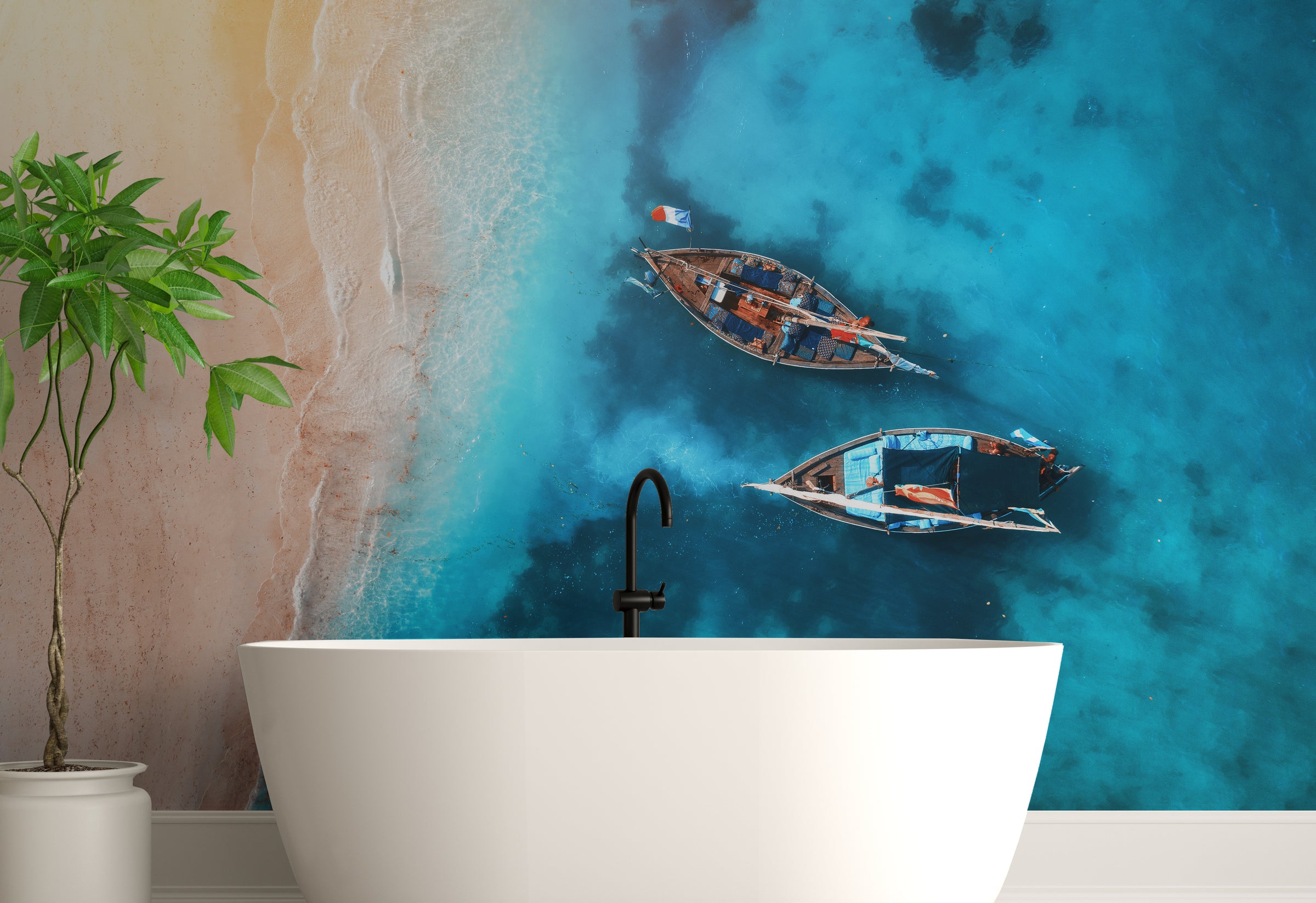 Blue tropical ocean wall decor enhancing bathroom bedroom with calm beach house atmosphere
