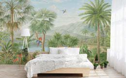 Exotic jungle paradise wallpaper mural enhancing bedroom retreat atmosphere with calming green foliage, palm canopy and distant coastal mountains.