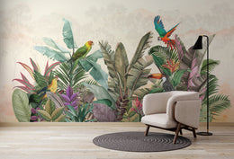 Colorful tropical bird rainforest mural with parrots lush jungle leaves for living room
