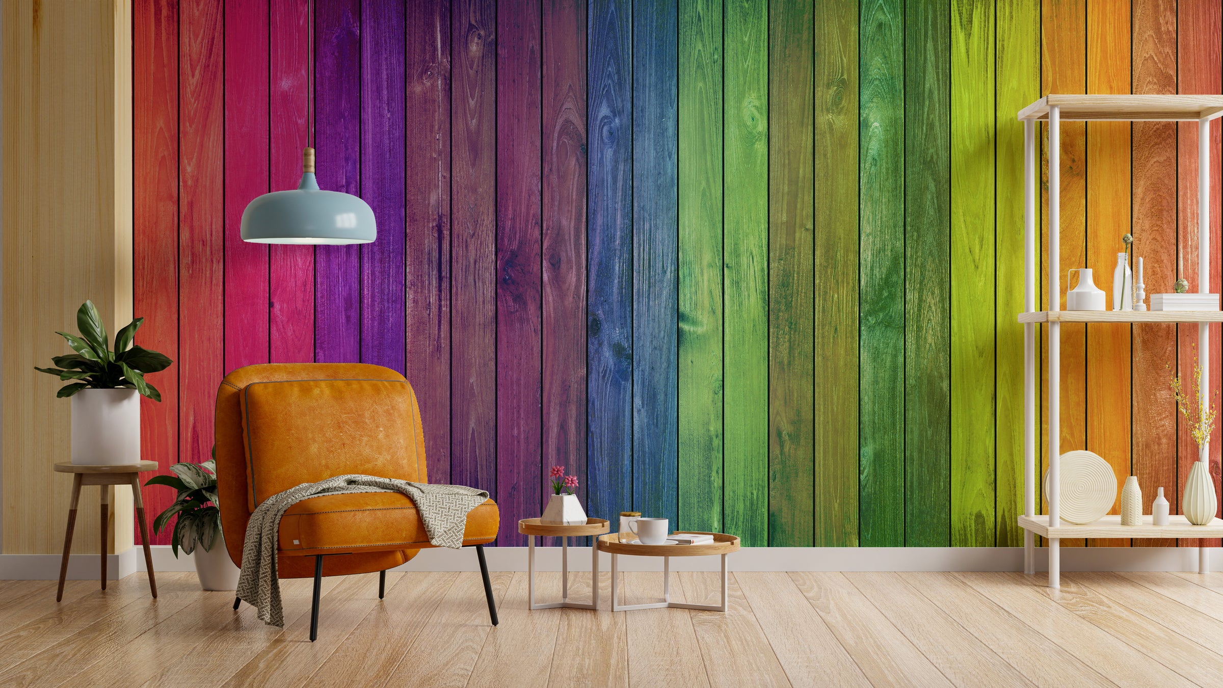 Colorful Wood Stripe Wall Mural | Rainbow Self Adhesive Wallpaper