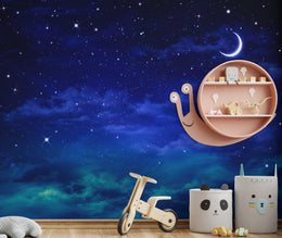 Shimmering universe wallpaper mural arranged on children activity room wall forming playful cosmic atmosphere