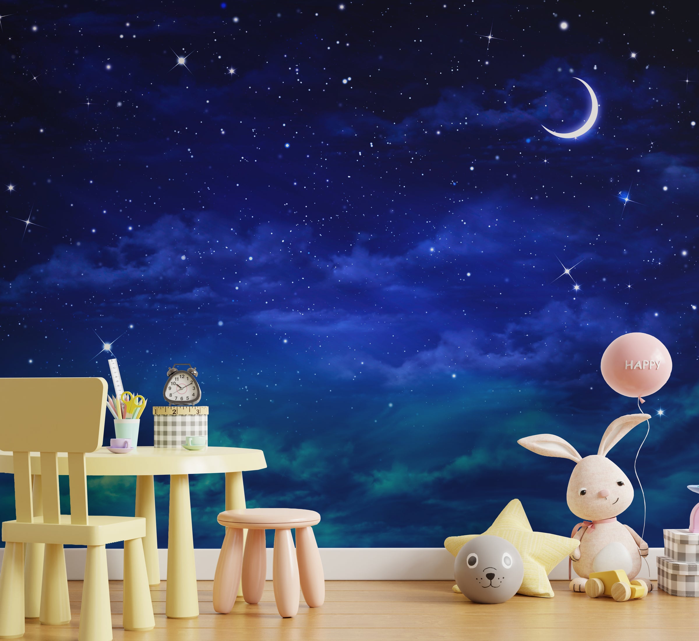Moon and galaxy wallpaper mural installed on children playroom wall creating magical cosmic atmosphere