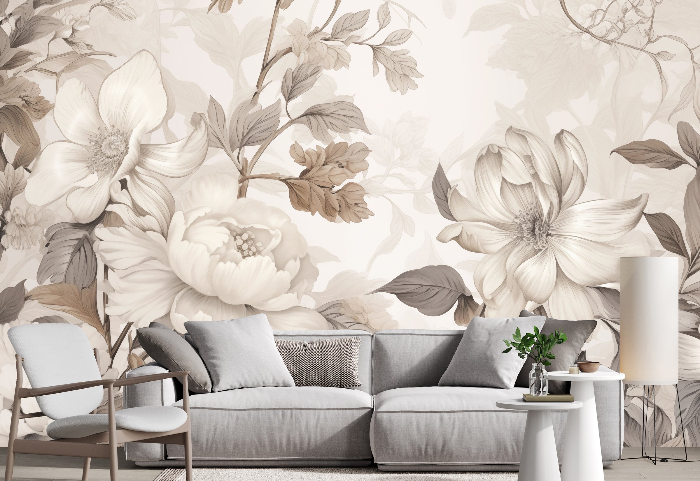 Graceful beige floral illustration wallpaper elevating luxury living interior atmosphere beautifully.