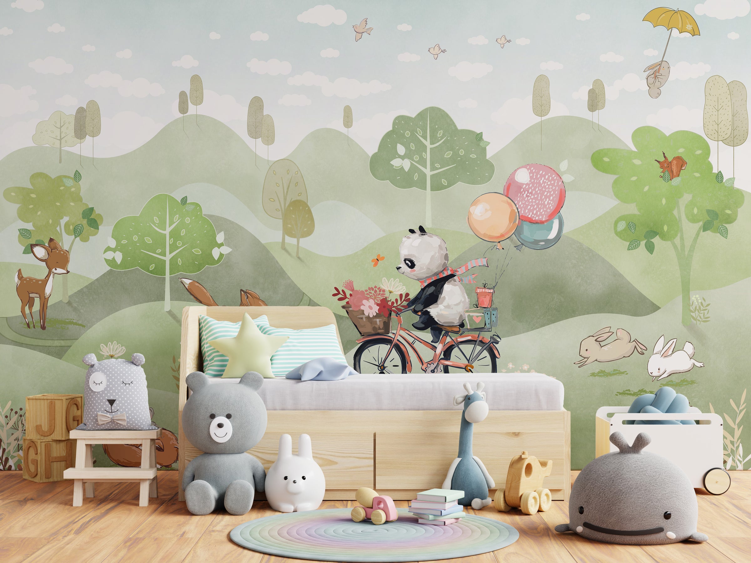 Kids room wallpaper featuring panda cycling with balloons in soft green forest scene