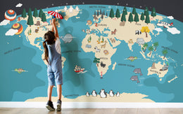 Educational world map wallpaper with animals in blue theme for classroom walls