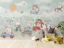Imaginative cartoon wall decor with traveling bear, cheerful birds, and bright sun for kids preschool.