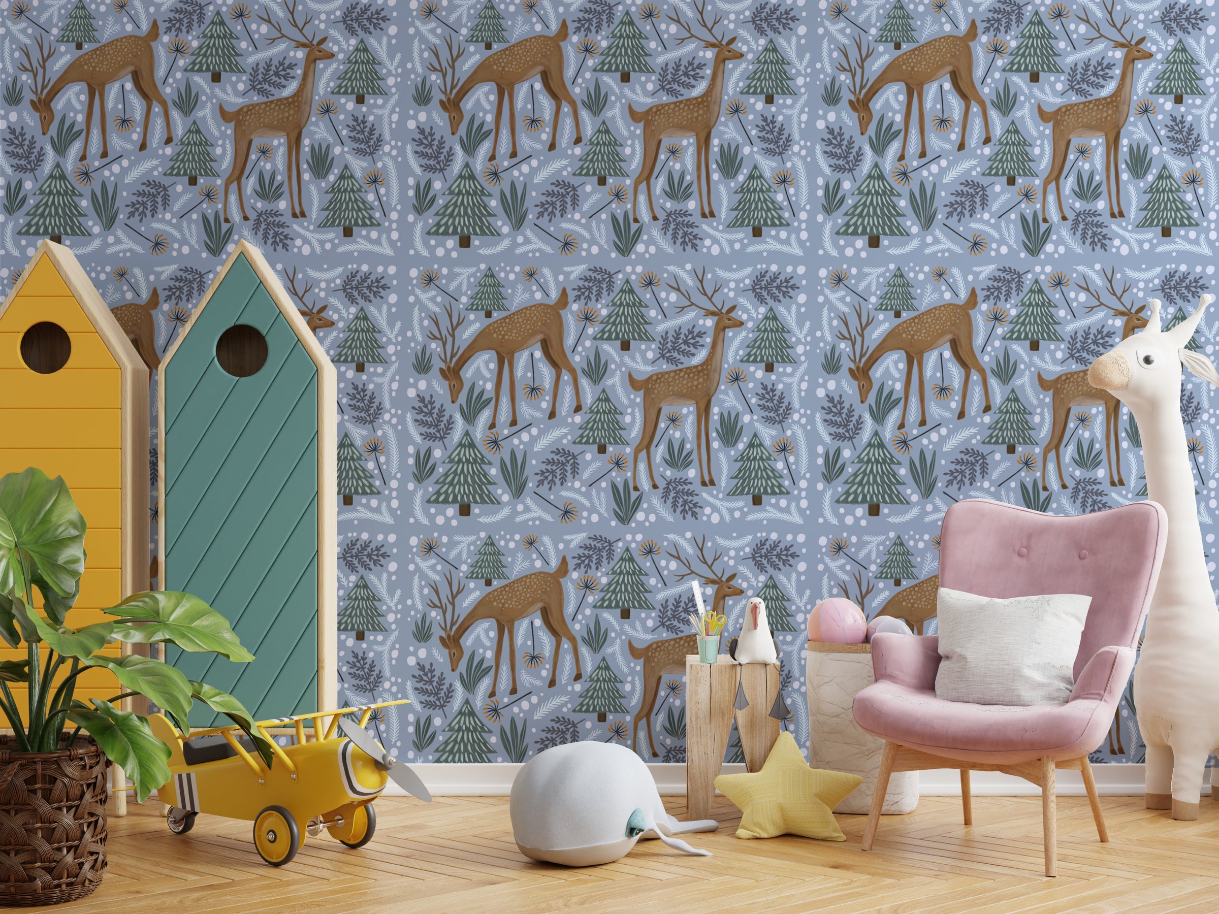 Forest animal wall art in muted blue tones enhances cozy nursery space