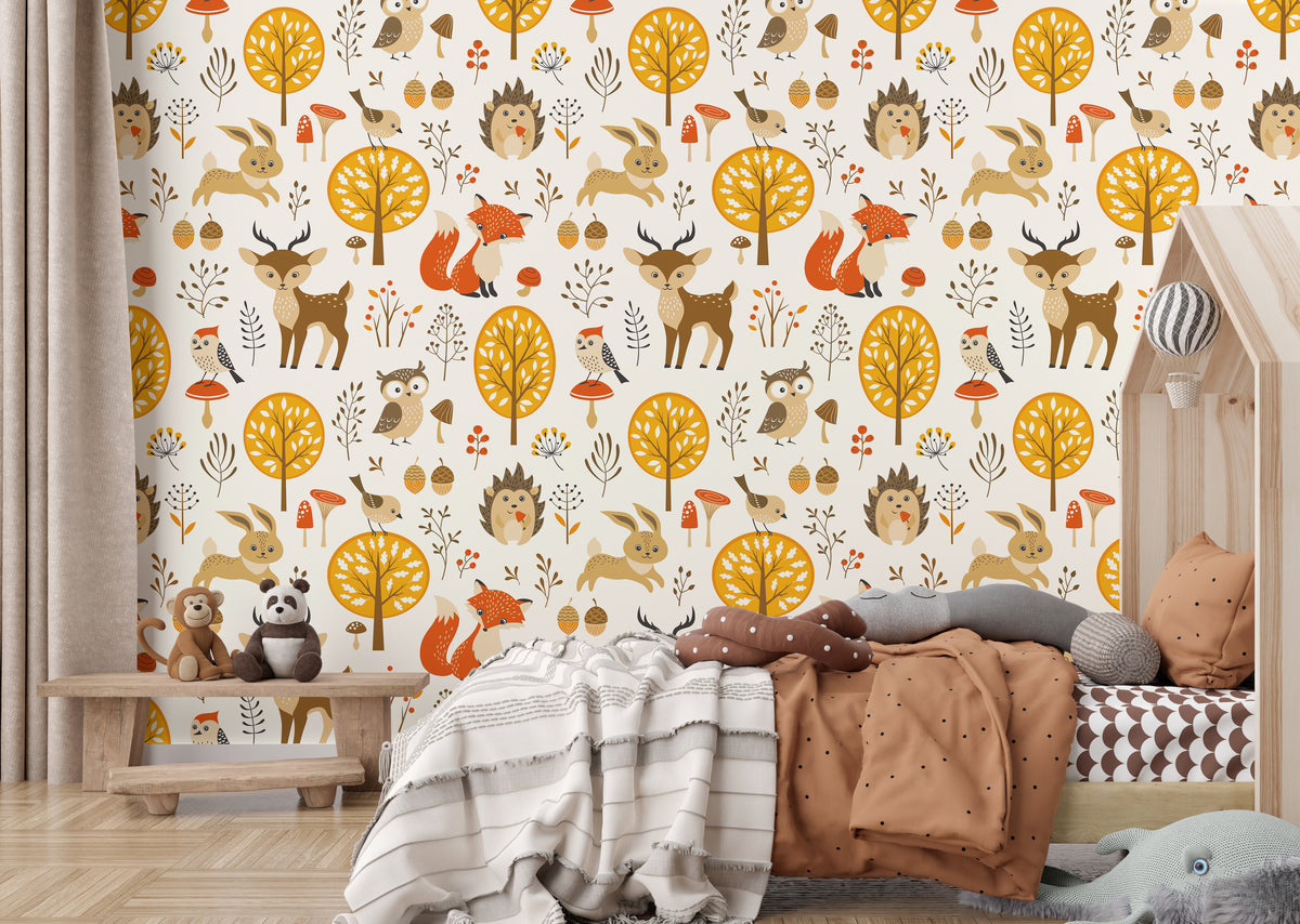 Cute Animal and Bird Self-Adhesive Wallpaper Woodland Kids Room Wall Decor