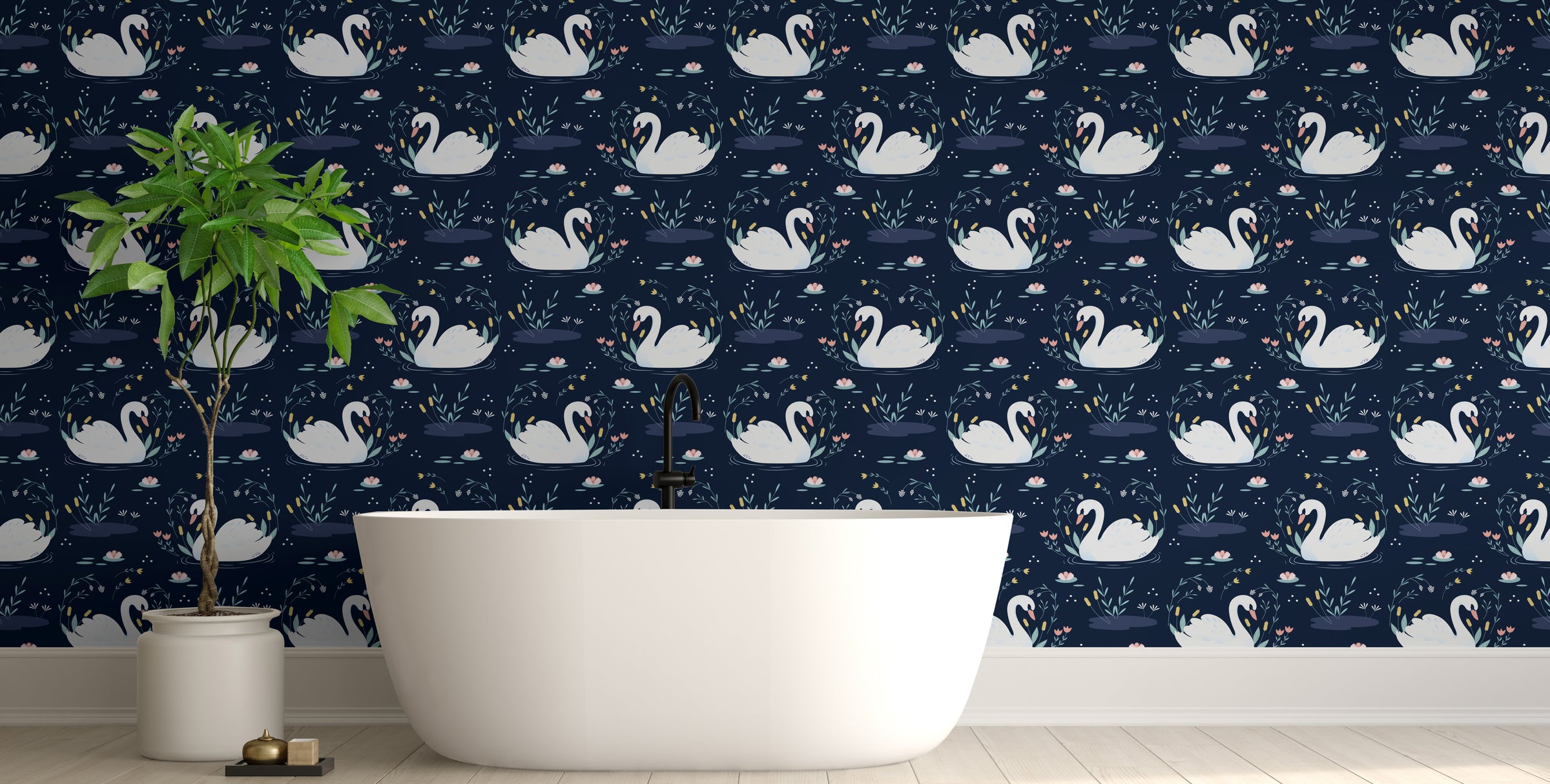 High contrast swan pattern with artistic botanicals for stylish interior walls