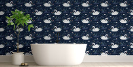 High contrast swan pattern with artistic botanicals for stylish interior walls