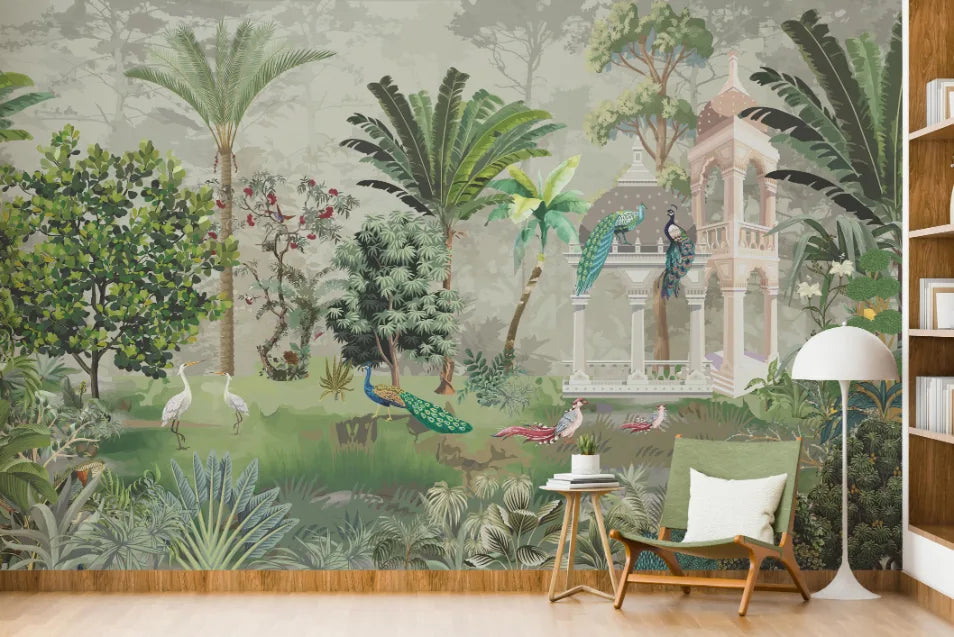 Palm Tree Green Wallpaper | Peacock Garden Indian Wallpaper image 4