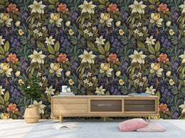 Modern hallway wall decor featuring botanical floral wallpaper with vintage blooms in dark palette, stylish entry