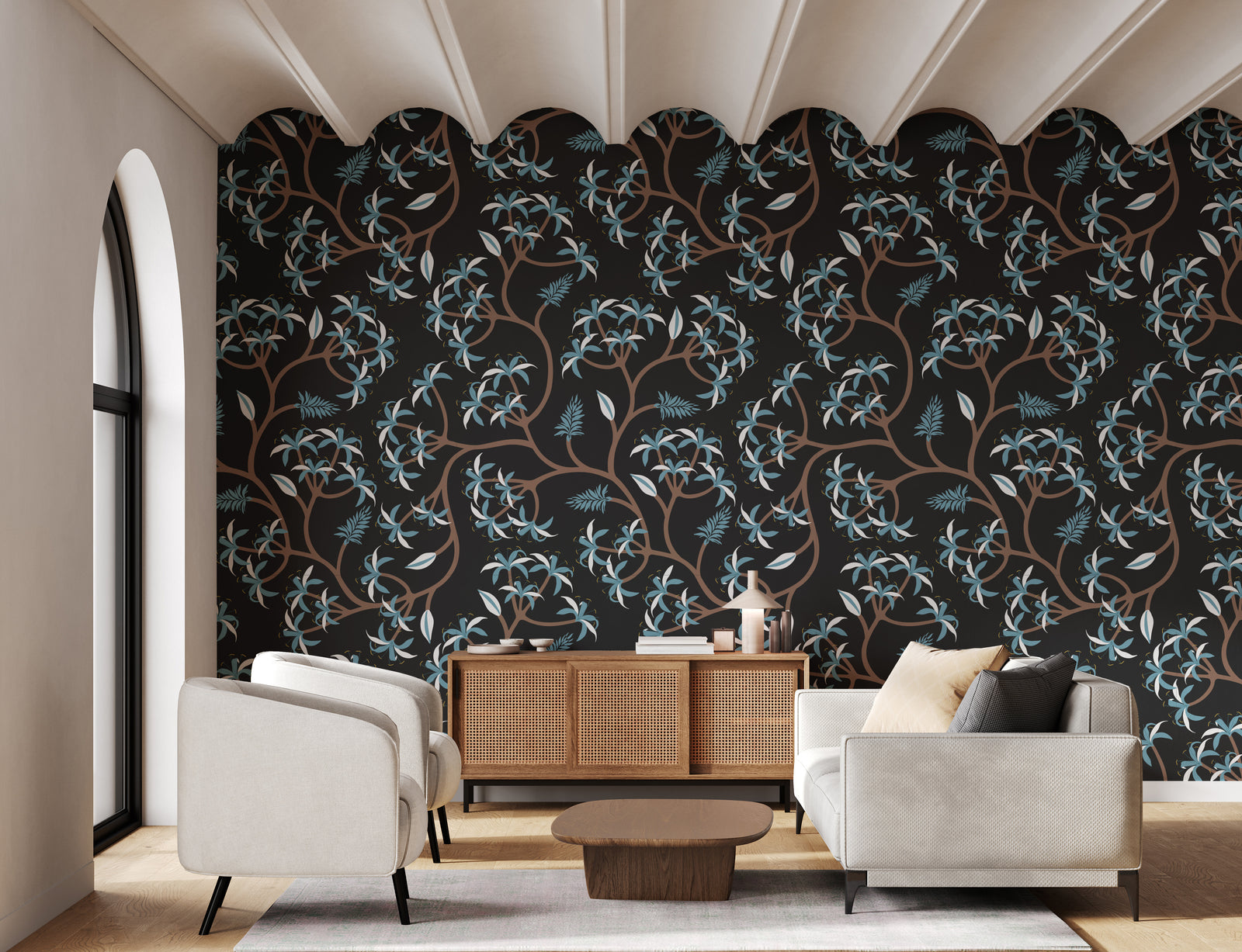Stylish living room accent wall wallpaper featuring dark botanical blue vine design, modern decor