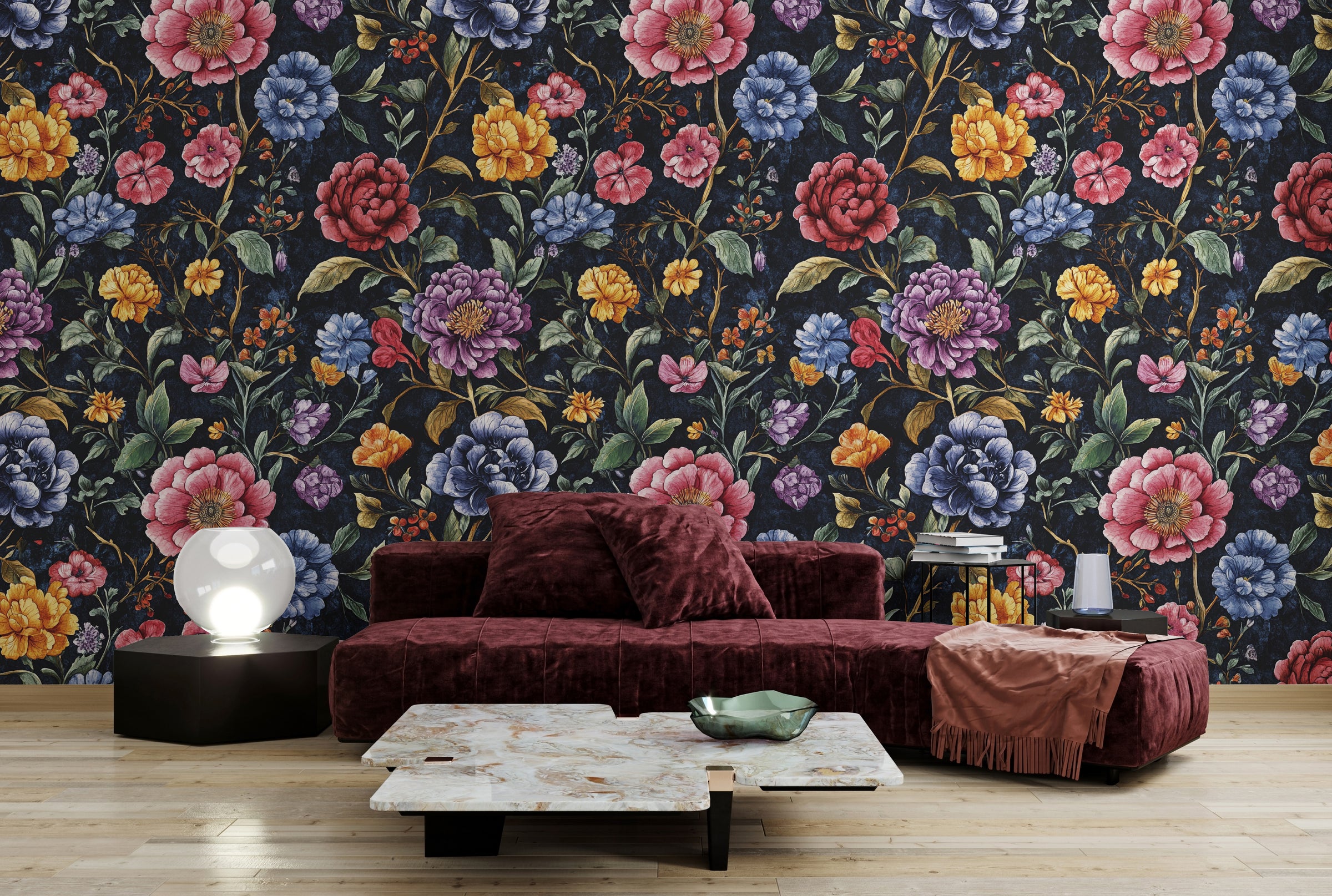Stylish living room accent wall wallpaper featuring dark floral botanical design, perfect for modern home decor