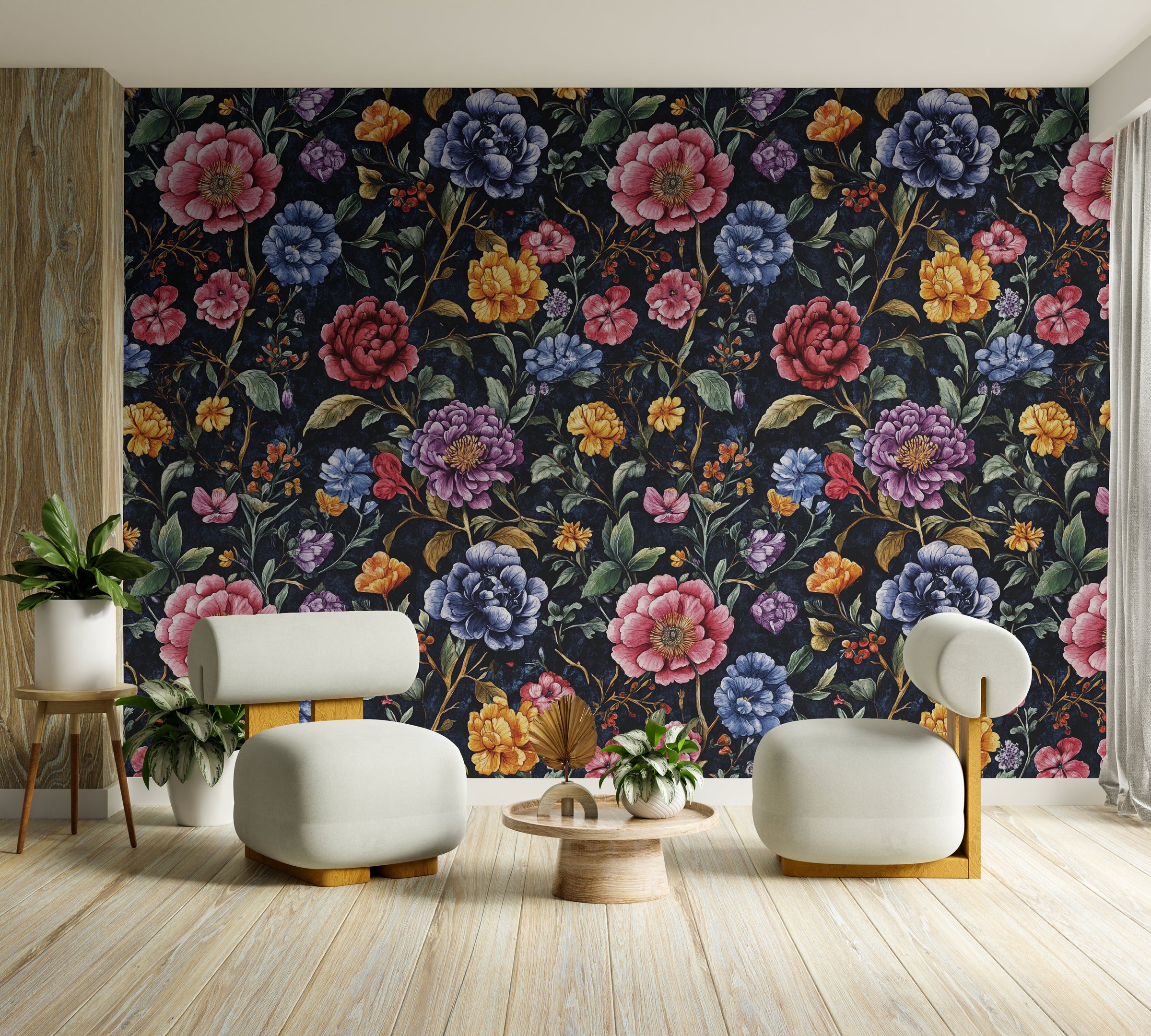 Artistic entryway decor with vibrant botanical flowers on dark base, perfect for welcoming interiors