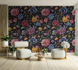 Artistic entryway decor with vibrant botanical flowers on dark base, perfect for welcoming interiors