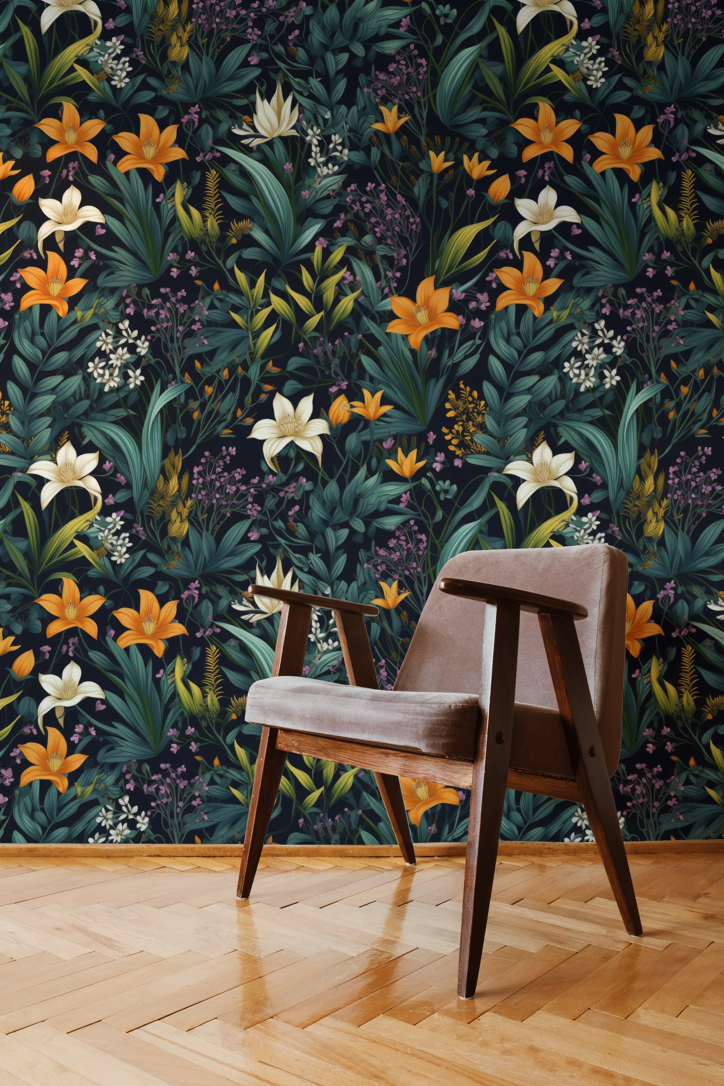 Dark botanical pattern with lilies and greenery for a refreshing bathroom feature wall look