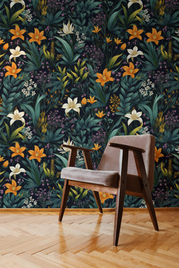 Dark botanical pattern with lilies and greenery for a refreshing bathroom feature wall look