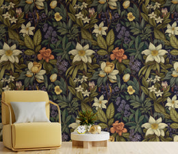 Contemporary office wall decor featuring botanical floral wallpaper with dark foliage, ideal professional backdrop